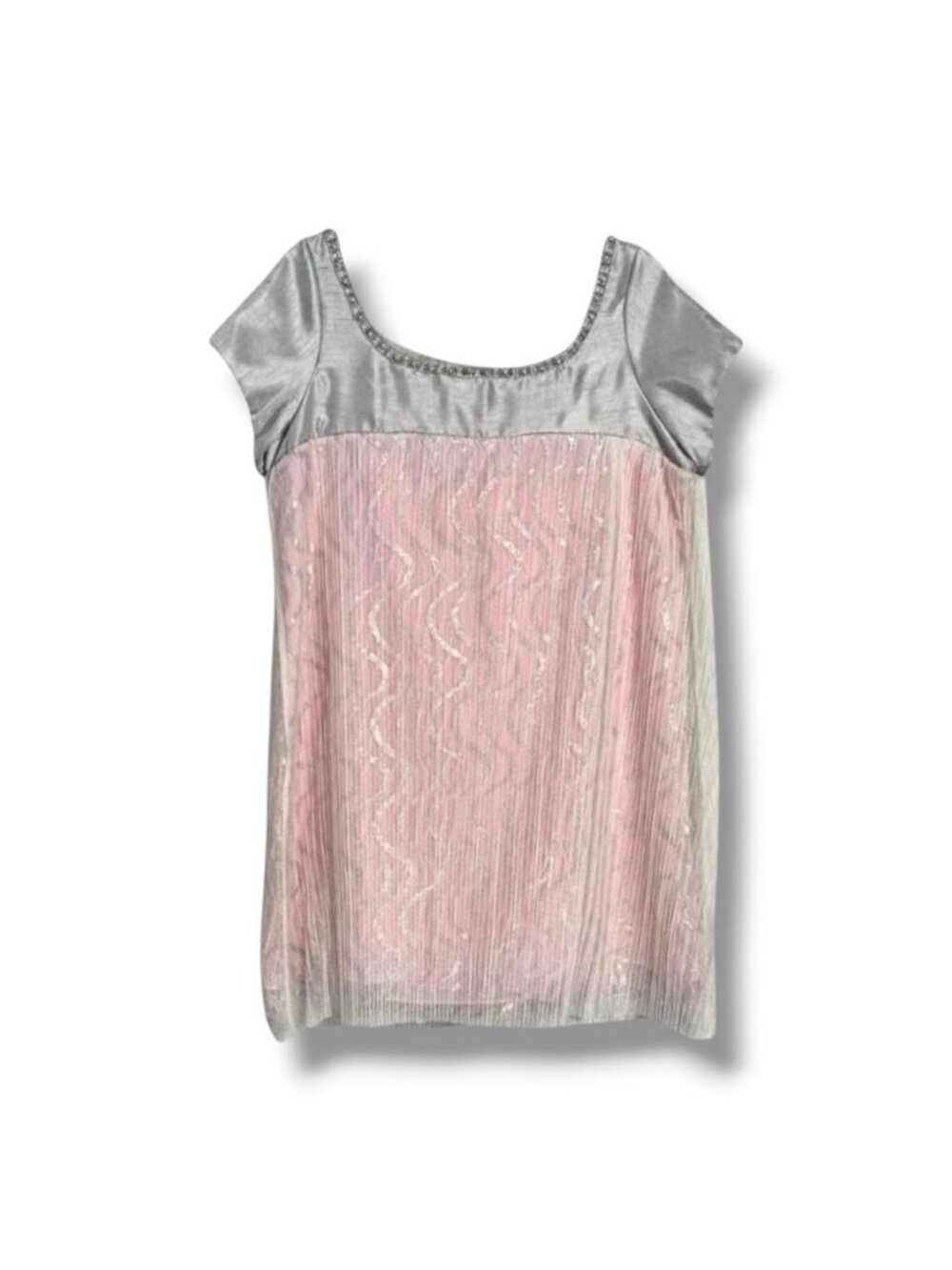 Melanie Beaded Square Neck Mini Silver & Pink Pleated Mesh Shift Dress 12/14